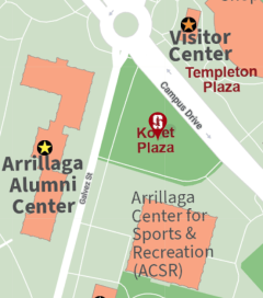 section of campus map showing Koret Plaza and adjacent buildings, all info in page text