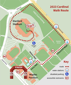 Map of walk route. All information also appears in text on the accessibility webpage linked from this image.